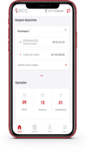 Celular com uma tela do aplicativo SCC